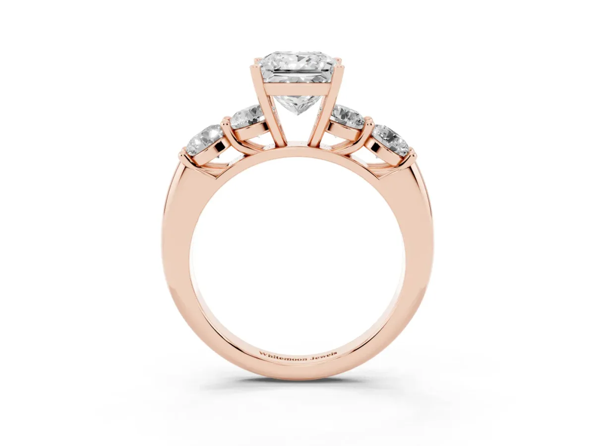 Princess Cut Cut Five-Stone Prong Set Diamond Ring with Classic Band Rose gold