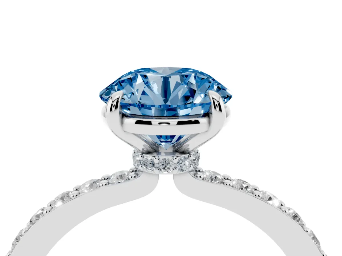 Fancy Blue Round Cut Diamond Pavé Engagement Ring with Round Accents and Prong Setting Silver