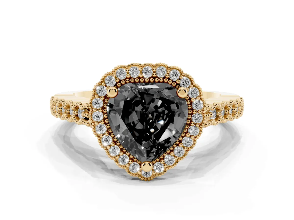 Fancy Black Heart Cut Cut Halo Pavé Solitaire Ring with Milgrain Band Yellow gold