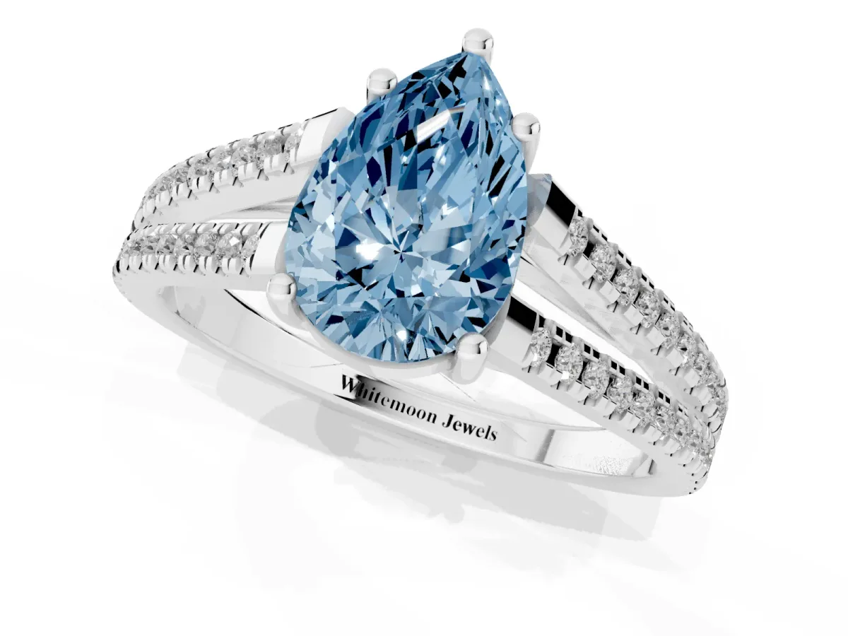 Fancy Blue Pear Cut Diamond Solitaire Engagement Ring with Split Shank Pavé Band Platinum