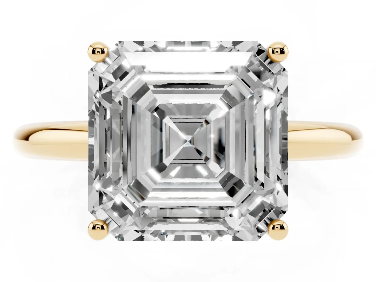 Asscher Cut Cut Solitaire Engagement Ring with Four-Prong Setting and Classic Band Yellow gold