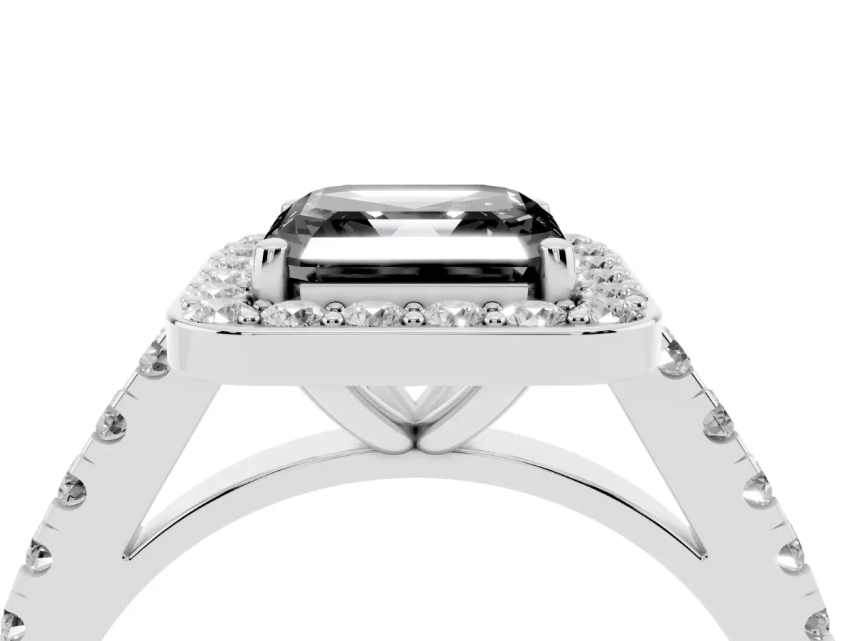 Fancy Black Asscher Cut Diamond Halo Ring with Round Pavé Split Shank and Prong Setting Silver