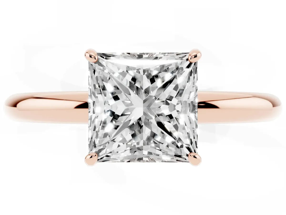 Princess Cut Solitaire Diamond Ring with Four-Prong Setting on a Plain Band Rose gold