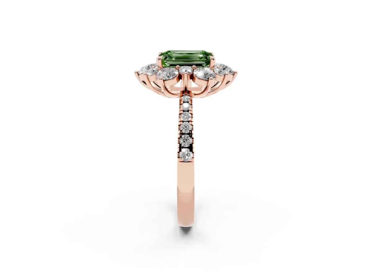 Fancy Green Emerald Cut Diamond Floral Halo Ring with Round Pavé Band and Prong Setting Rose gold