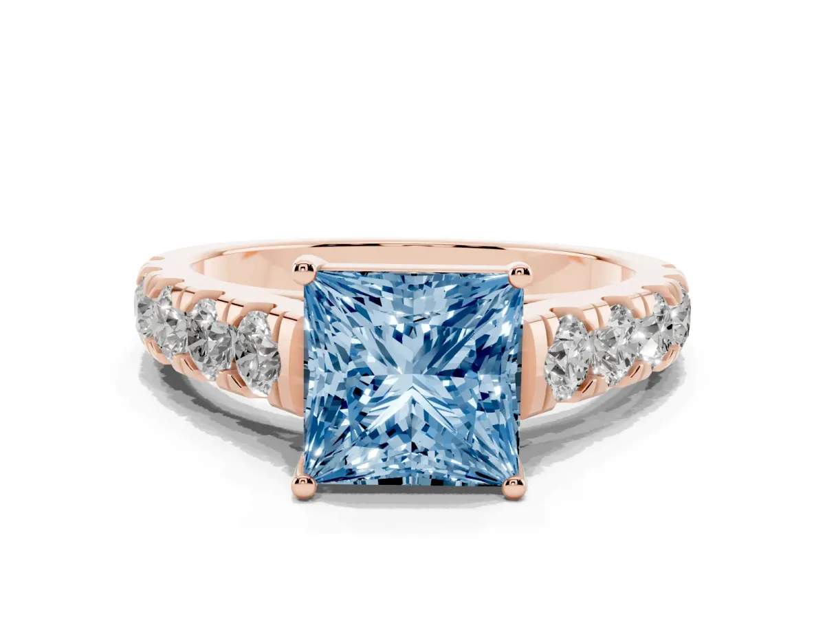 Fancy Blue Princess Cut Cut Diamond Solitaire Ring with Micro Pave Band and Prong Setting Rose gold
