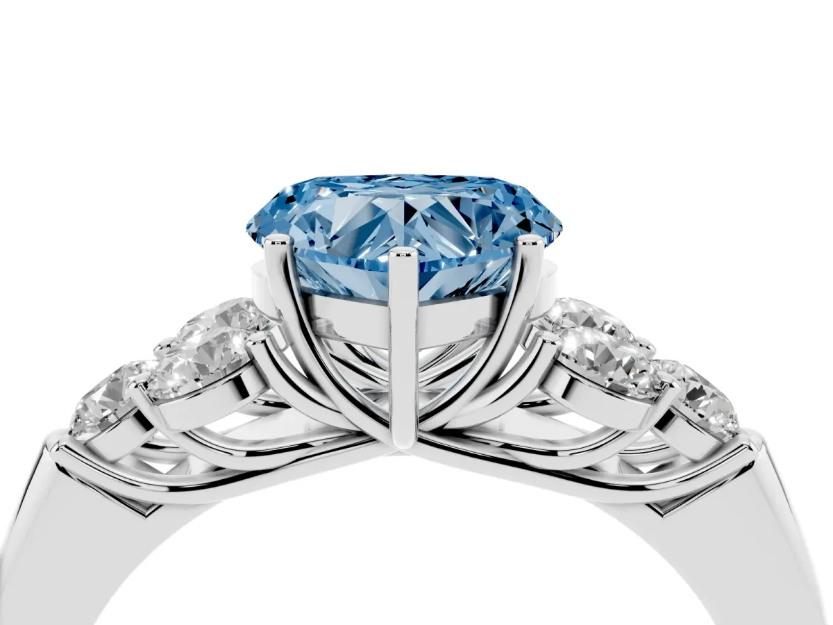 Fancy Blue Heart Cut Cut Diamond Cluster Ring with Round Accent Stones and Prong Setting on a Classic Band White gold