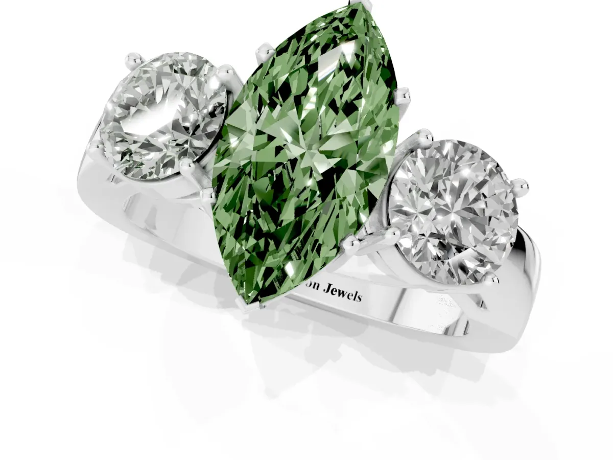 Fancy Green Three-Stone Marquise Cut Diamond Ring with Round Side Stones, Classic Band, and Four-Prong Setting Platinum