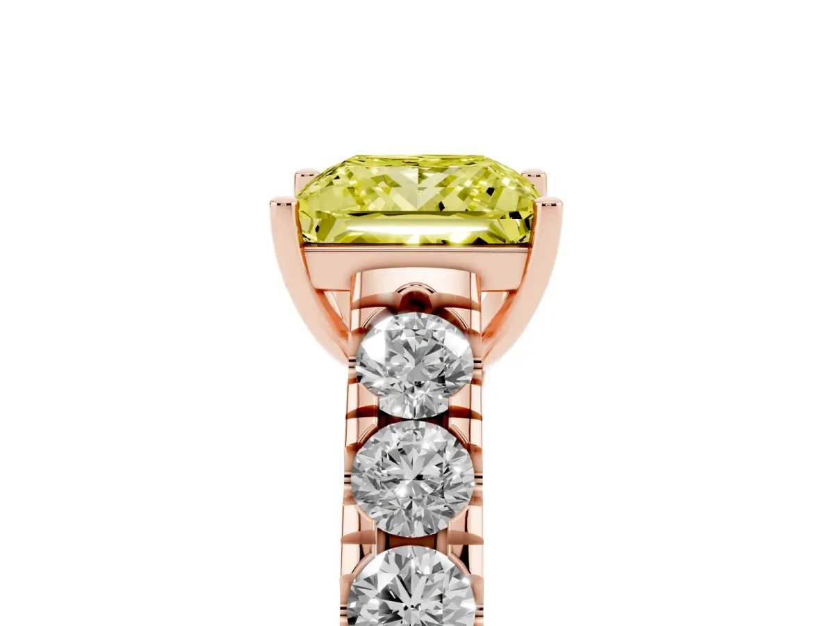 Fancy Yellow Princess Cut Cut Diamond Solitaire Ring with Micro Pave Band and Prong Setting Rose gold