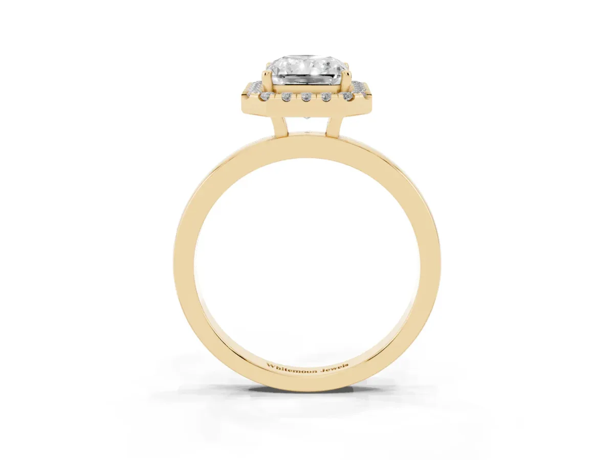 Radiant Cut Halo Diamond Solitaire with Pavé Band and Four-Prong Setting Yellow gold