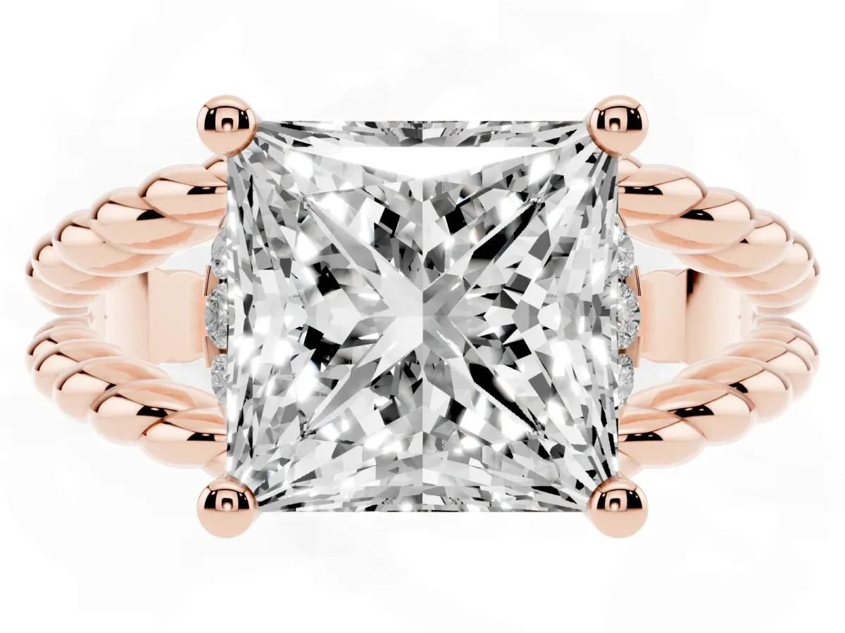 Princess Cut Halo Twisted Band Four-Prong Ring Rose gold