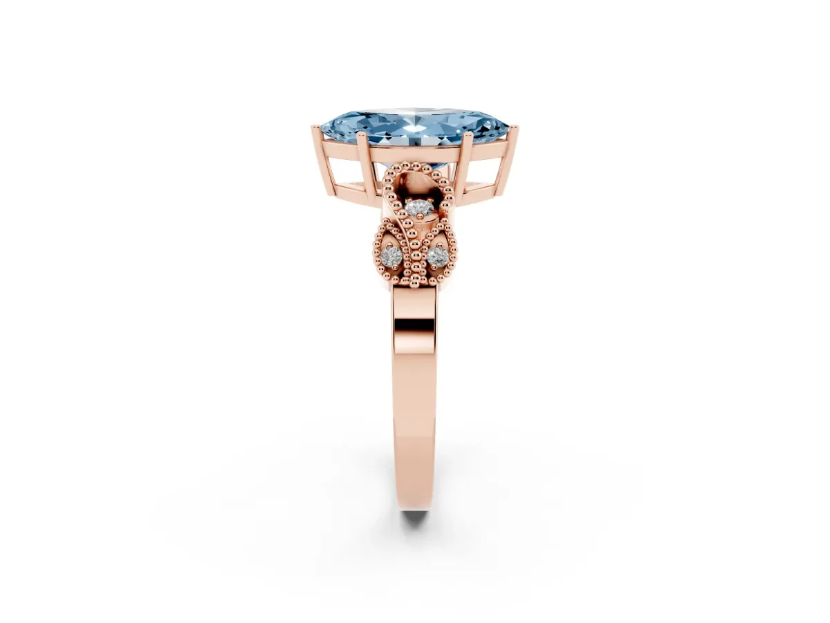 Fancy Blue Marquise Cut Solitaire Milgrain Leaf Band with Prong Setting Rose gold