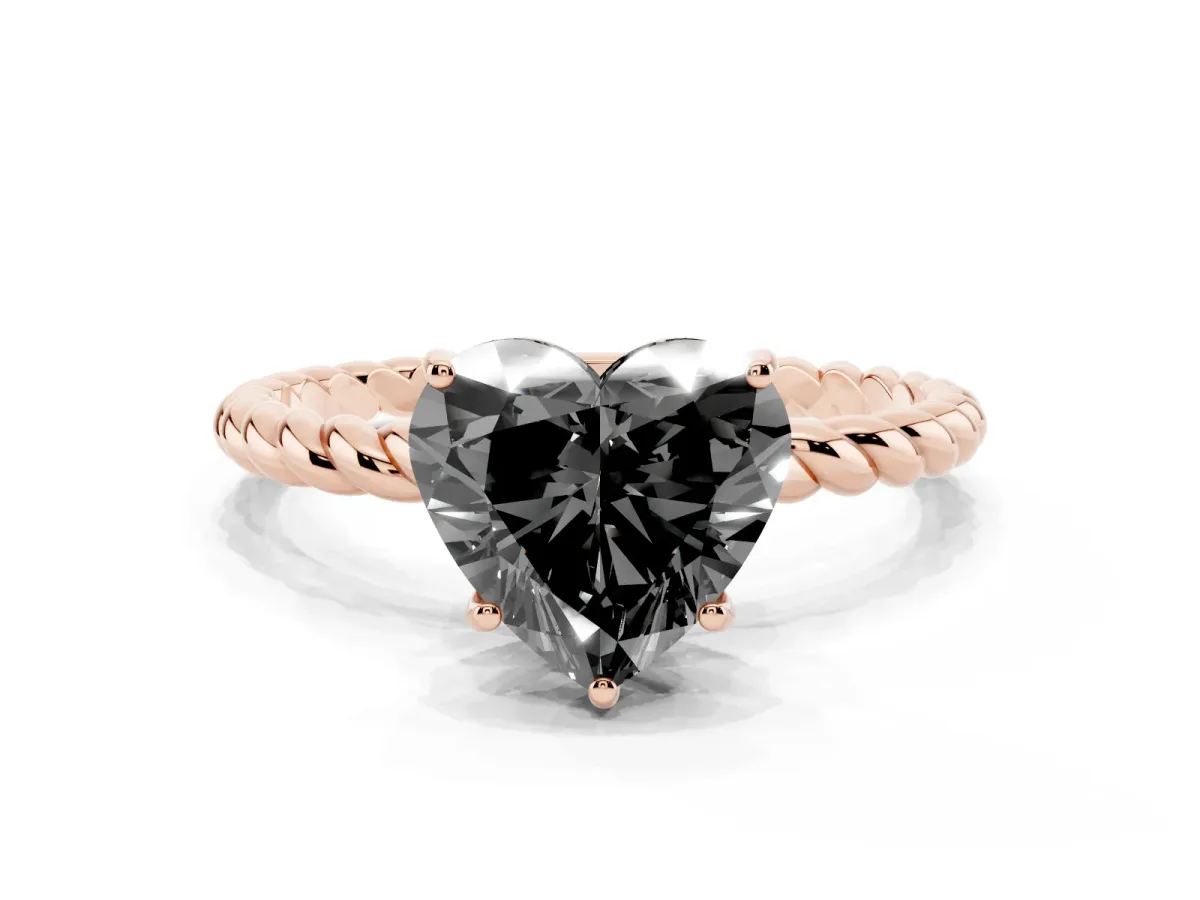 Fancy Black Heart Cut Solitaire Twisted Band 4-Prong Ring Rose gold