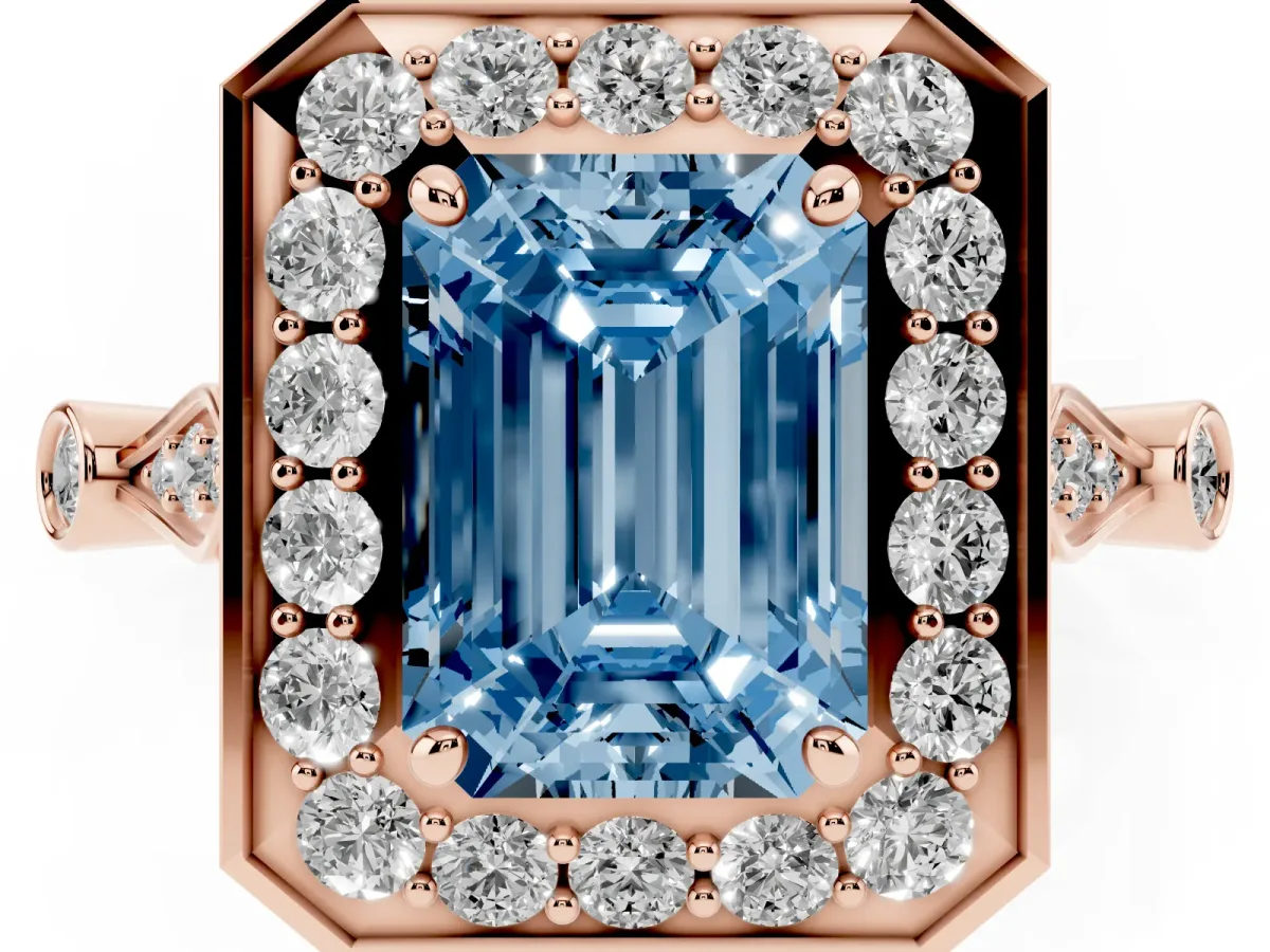 Fancy Blue Emerald Cut Halo Diamond Engagement Ring with Twisted Band and Four-Prong Setting Rose gold