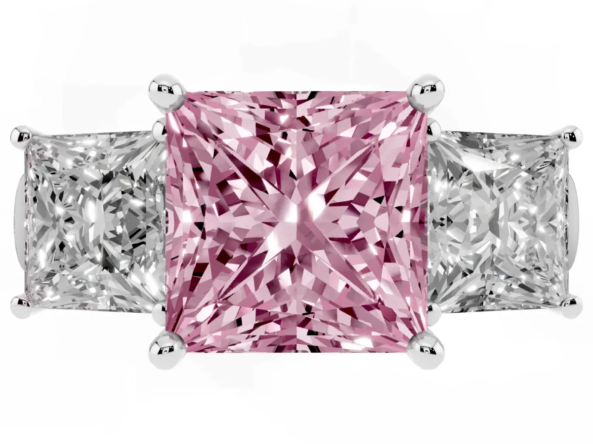 Fancy Pink Three-Stone Princess Cut Brilliant Diamond Trellis Ring with Comfort Fit Band White gold