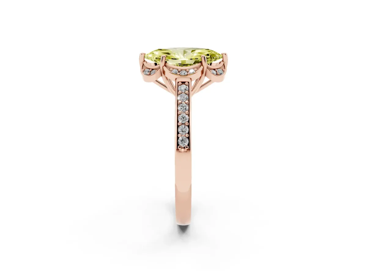 Fancy Yellow Marquise Cut Cut Halo Diamond Ring with Channel Set Band and Four-Prong Setting Rose gold