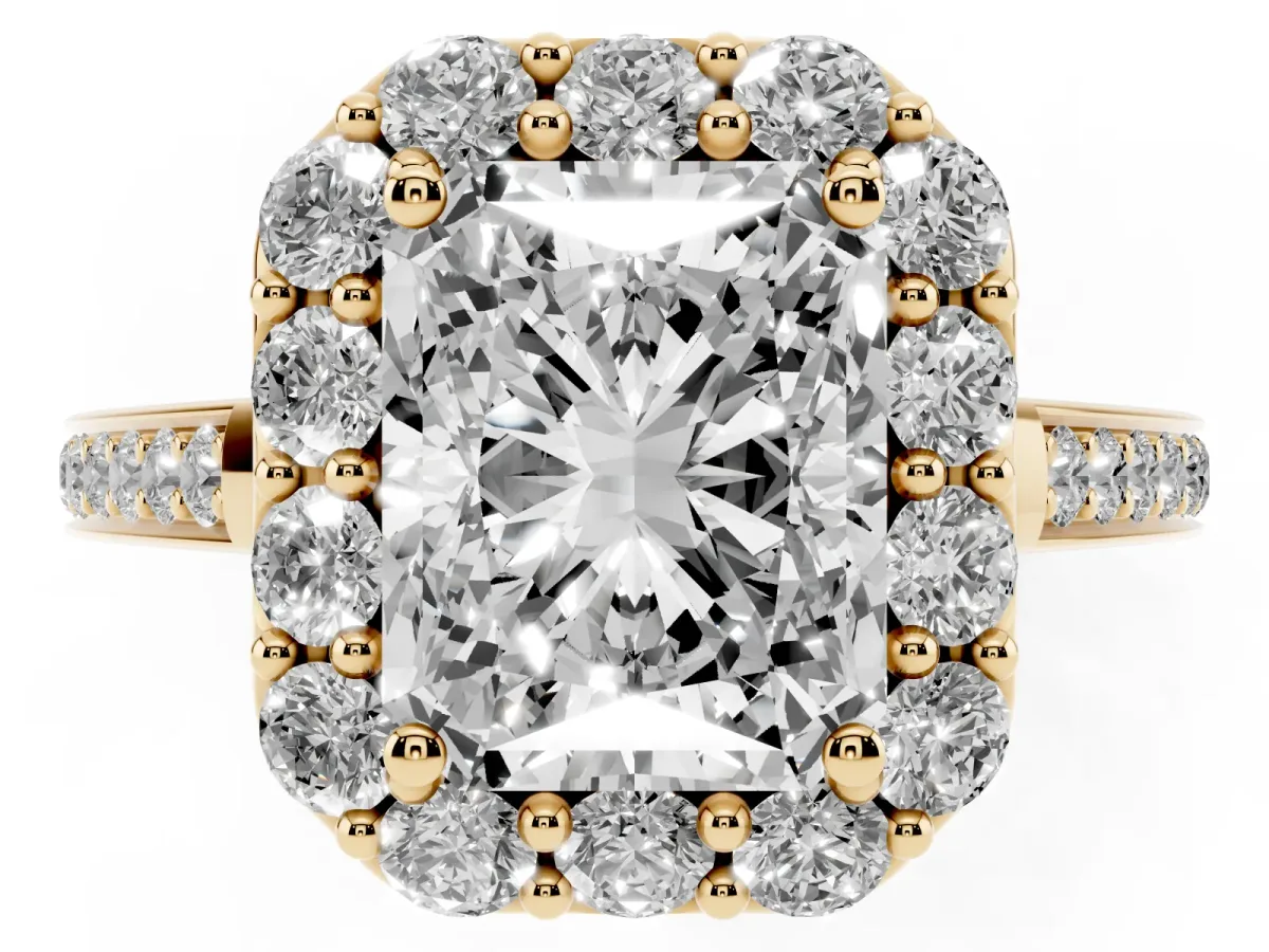 Radiant Cut Diamond Floral Halo Ring with Pavé Band and Prong Setting Yellow gold