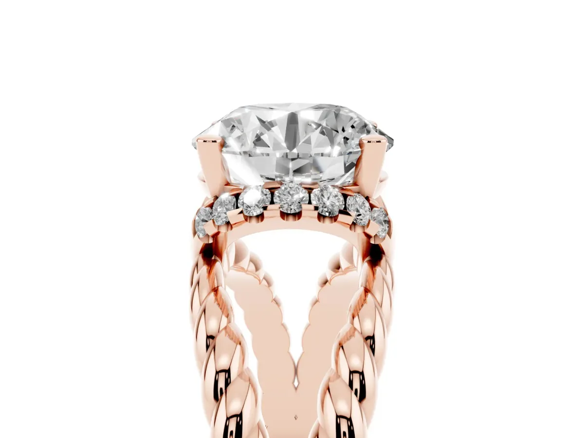 Round Cut Halo Twisted Band Four-Prong Ring Rose gold