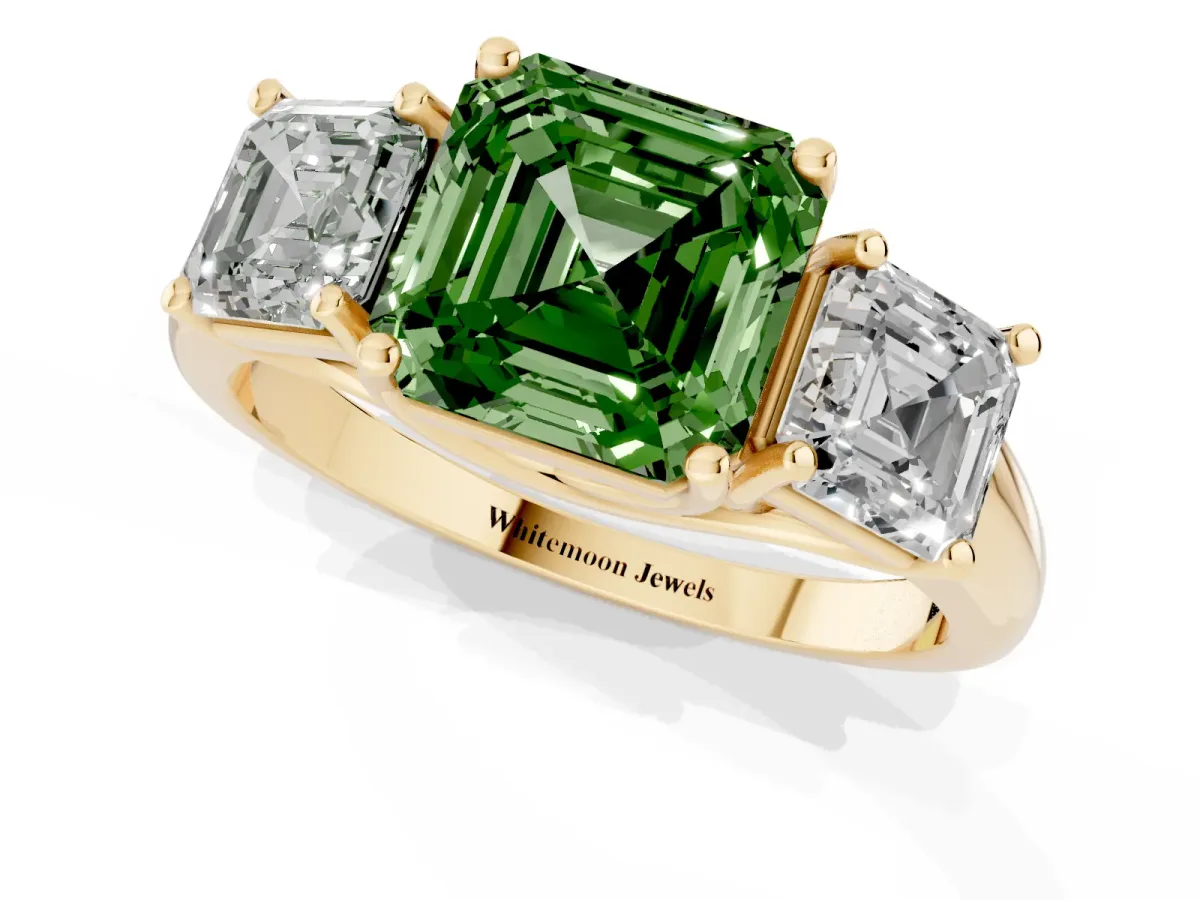 Fancy Green Three-Stone Asscher Cut Diamond Engagement Ring with Prong Setting Yellow gold