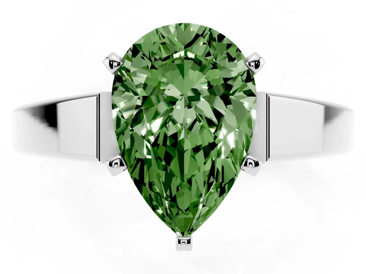 Fancy Green Pear Cut Solitaire Engagement Ring with Four-Prong Setting and Tapered Band Silver