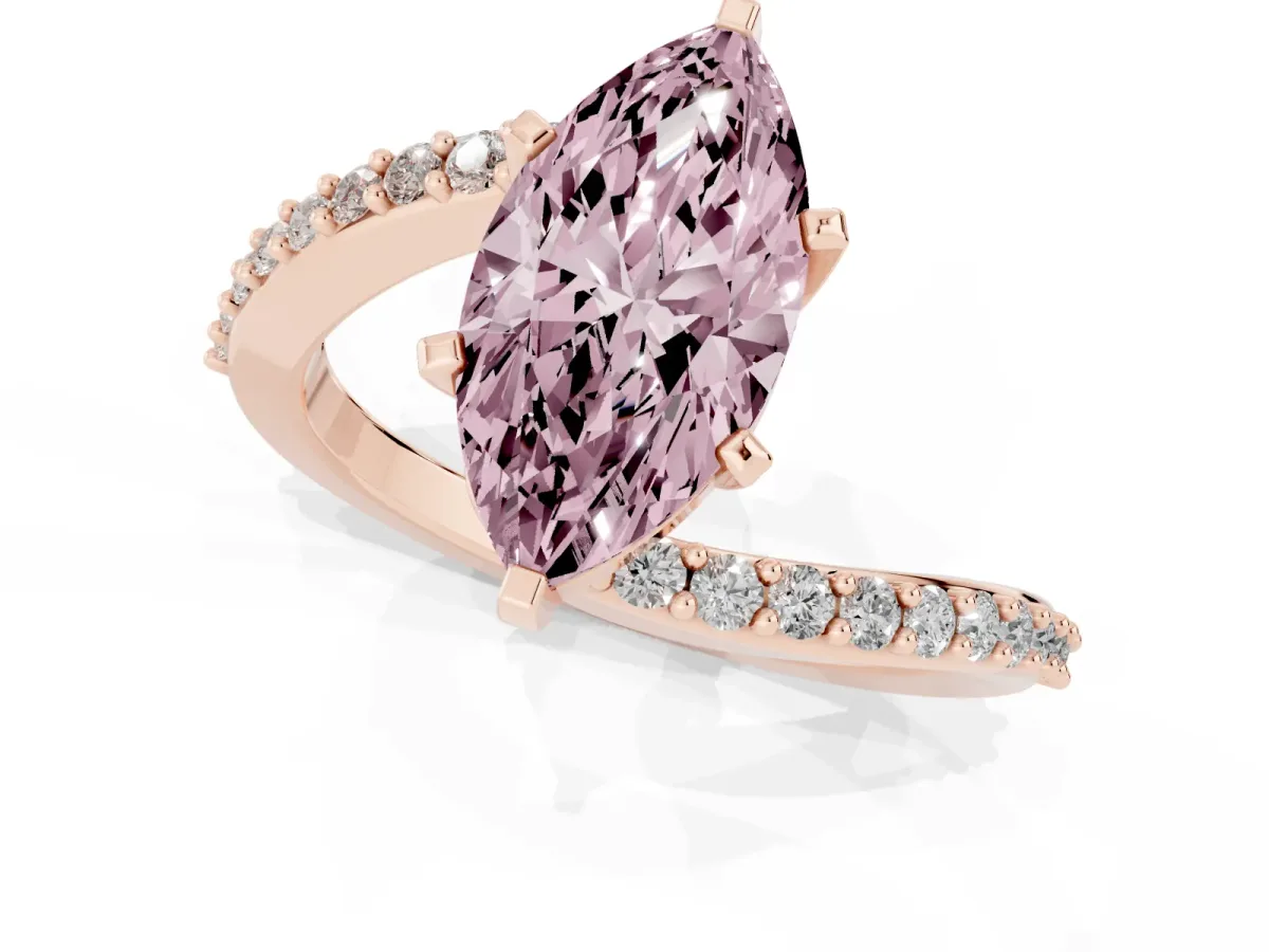 Fancy Pink Marquise Cut Solitaire Twist Band with Pave Set Diamonds and Four-Prong Setting Rose gold