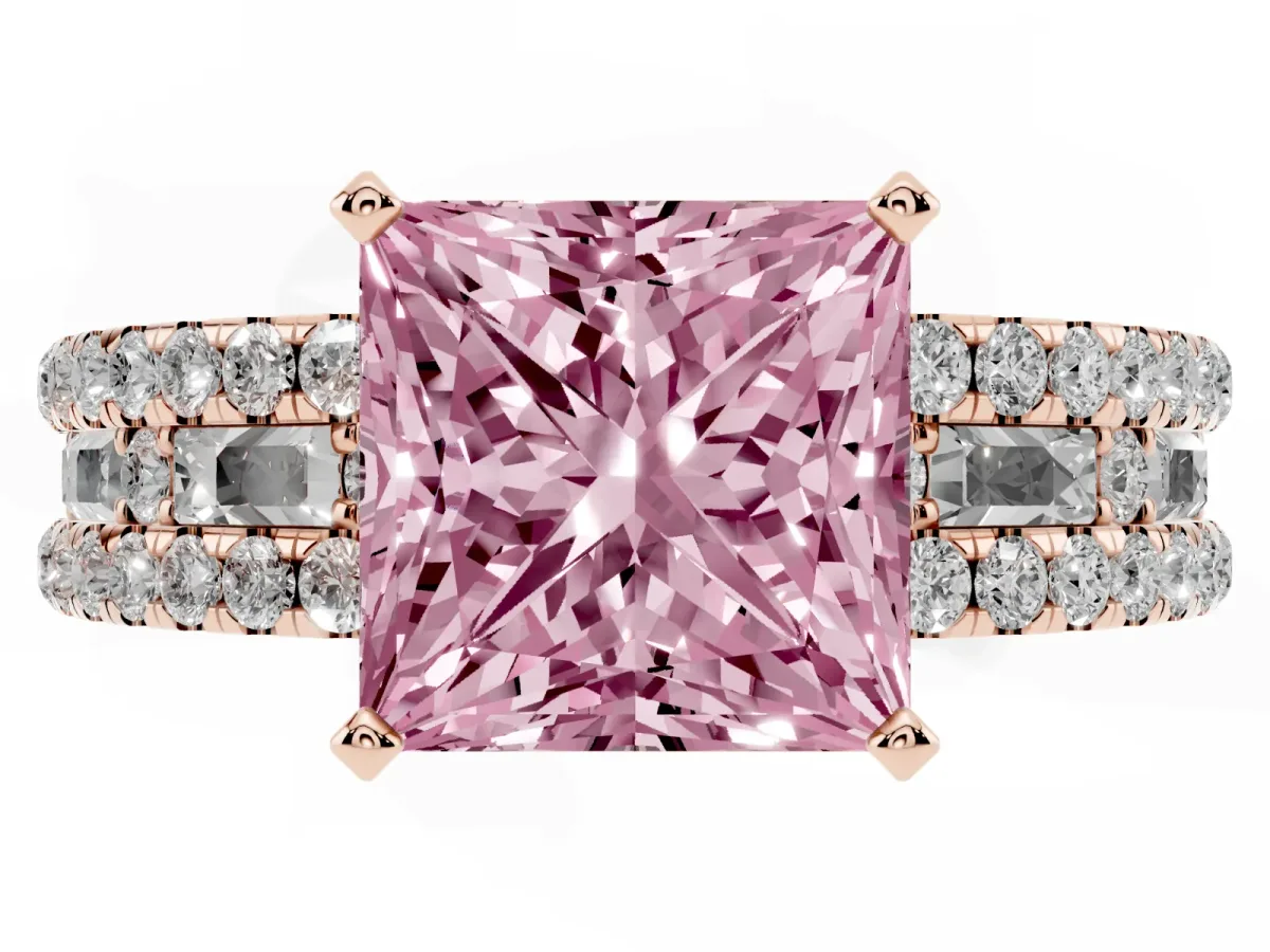 Fancy Pink Princess Cut Diamond Solitaire Ring with Pavé and Channel Set Band Rose gold