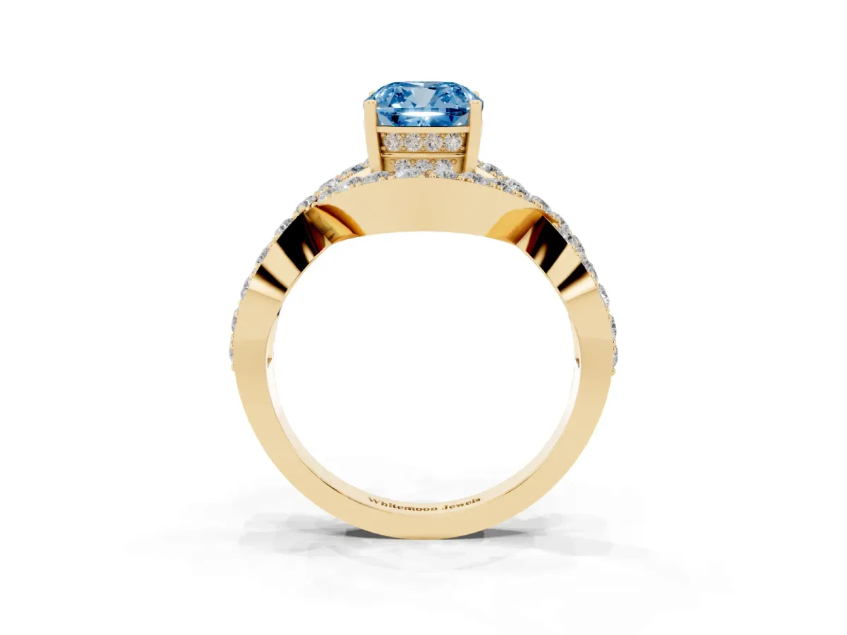 Fancy Blue Cushion Cut Solitaire Twist Band Pavé Diamond Engagement Ring Yellow gold