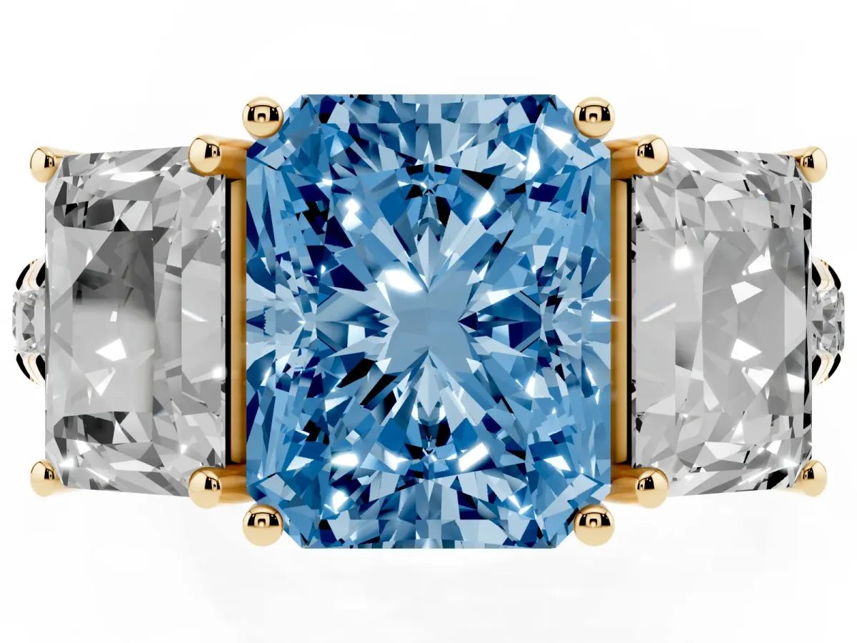 Fancy Blue Three-Stone Radiant Cut Diamond Pavé Band with Prong Setting Yellow gold