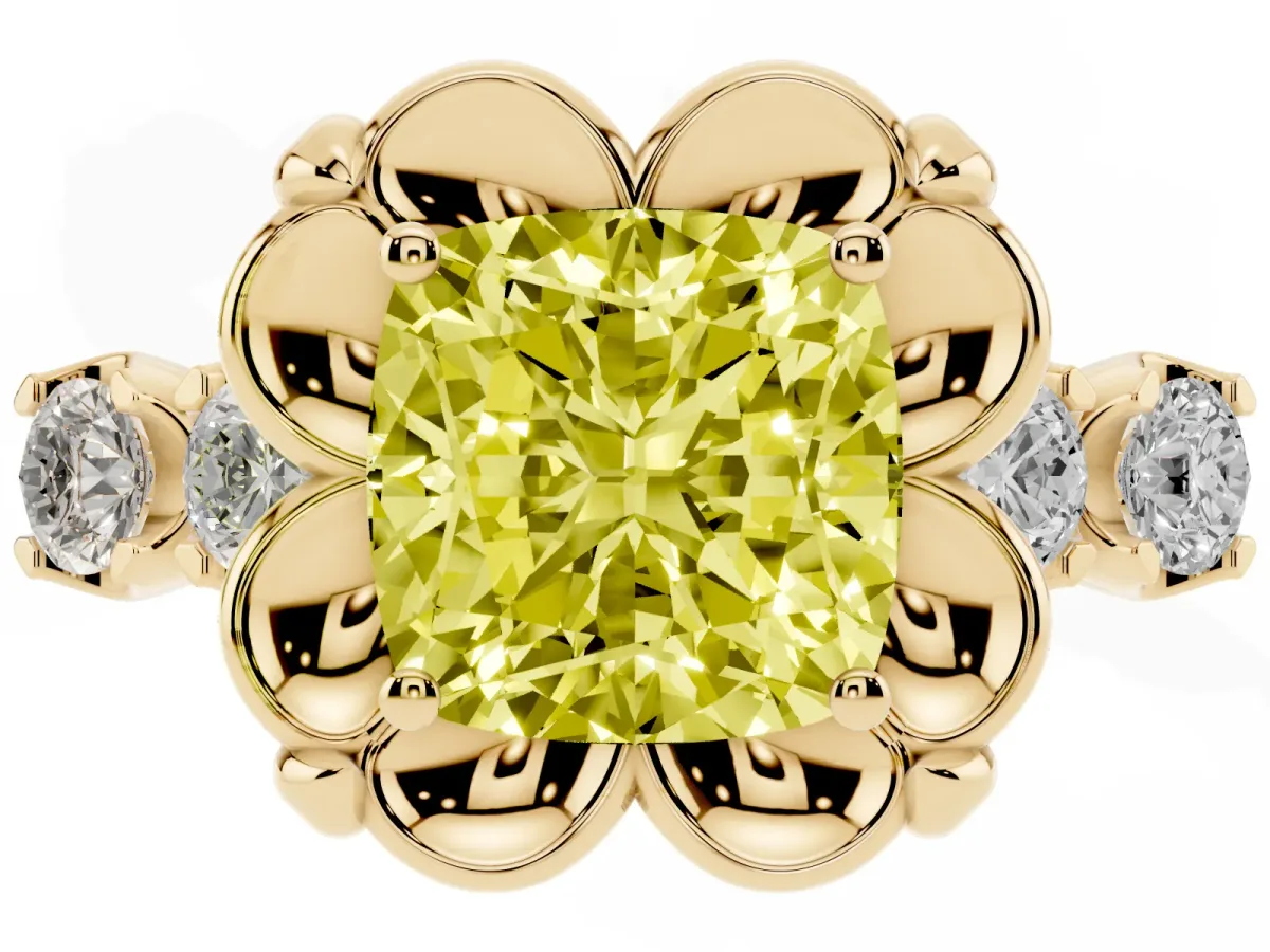 Fancy Yellow Cushion Cut Cut Diamond Floral Halo Engagement Ring with Shared Prong Setting Yellow gold