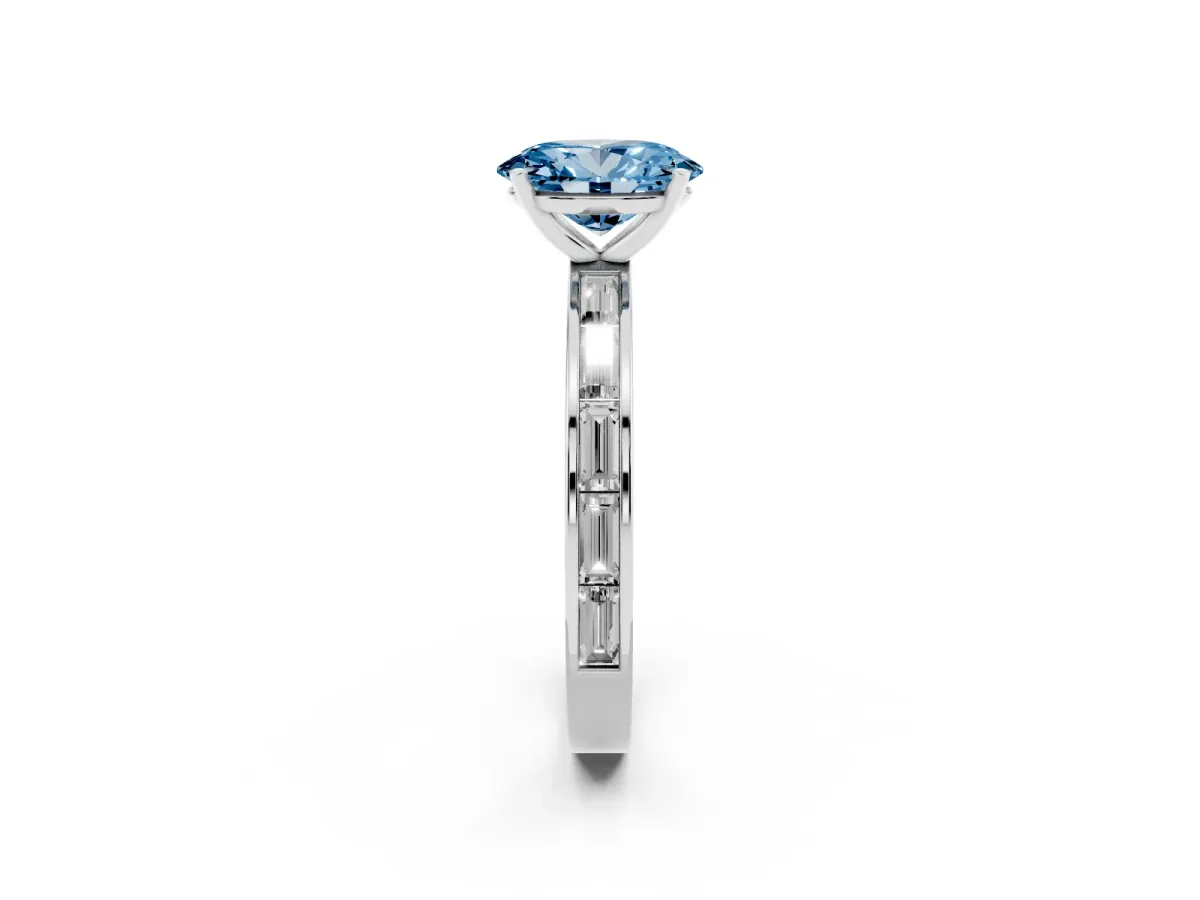 Fancy Blue Oval Cut Solitaire Diamond Ring with Channel-Set Baguette Band and Four-Prong Setting White gold