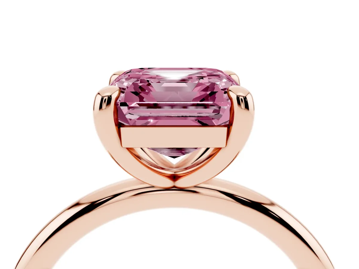 Fancy Pink Asscher Cut Solitaire Diamond Ring with Four-Prong Setting on a Plain Band Rose gold