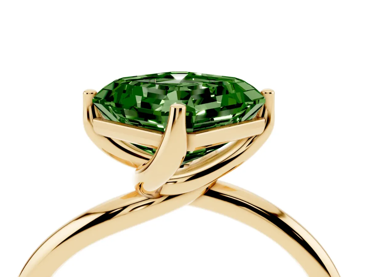Fancy Green Asscher Cut Diamond Solitaire Engagement Ring with Four-Prong Setting and Classic Band Yellow gold