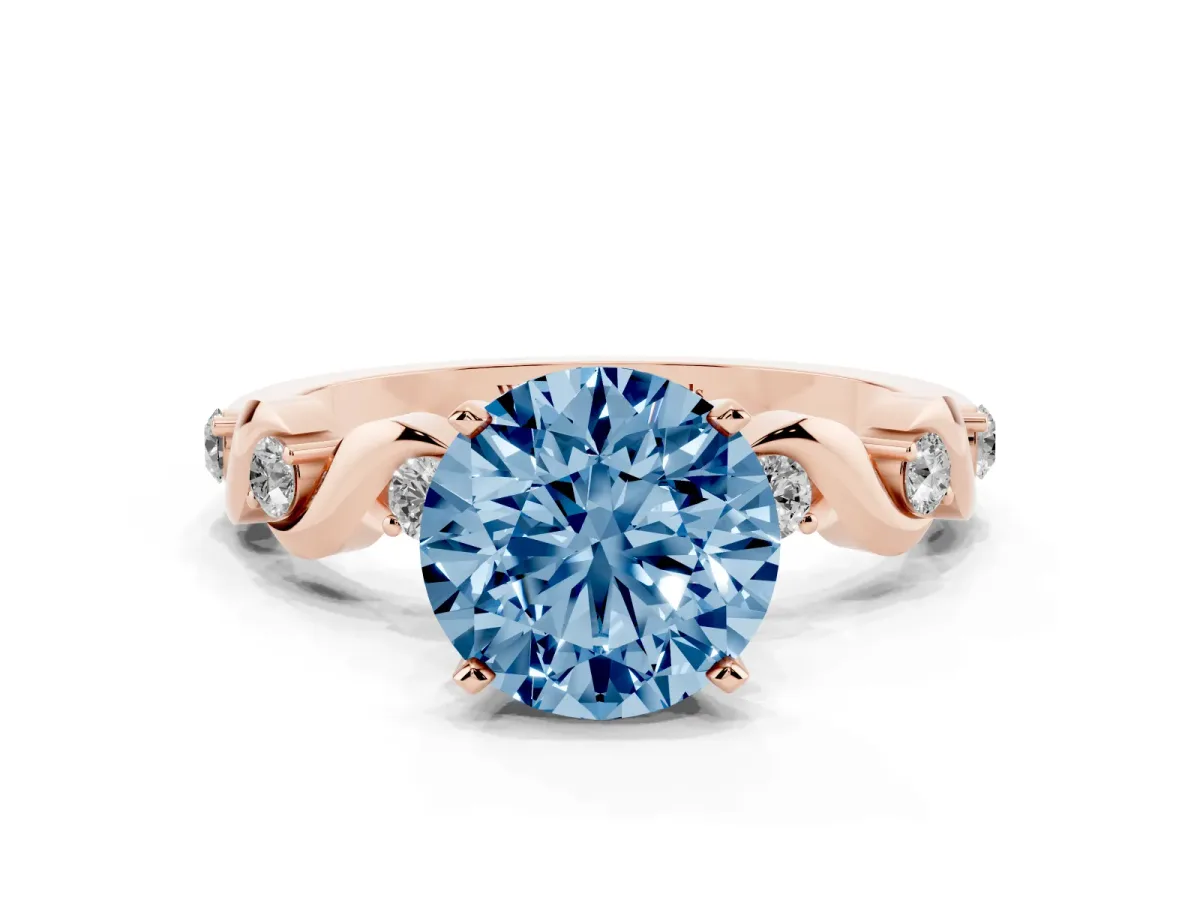 Fancy Blue Round Cut Diamond Solitaire Twisted Band with Round Accents and Prong Setting Rose gold