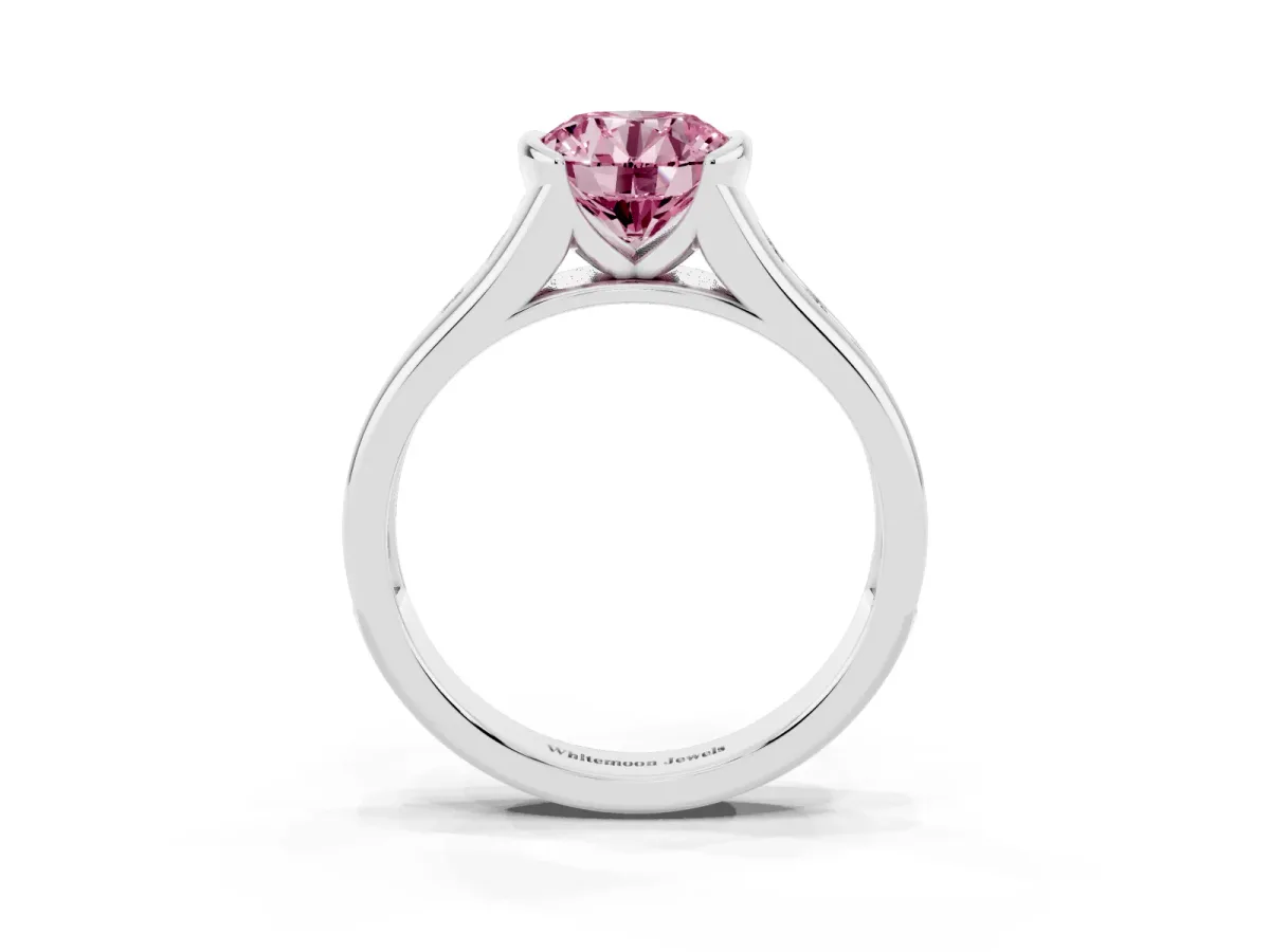 Fancy Pink Round Cut Solitaire Bezel-Set Diamond Ring with Channel-Set Band Platinum