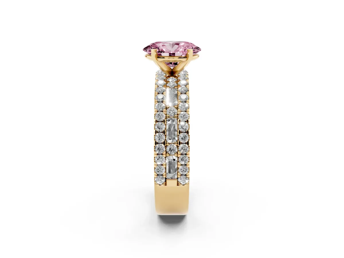 Fancy Pink Oval Cut Diamond Solitaire Ring with Pavé and Channel Set Band Yellow gold