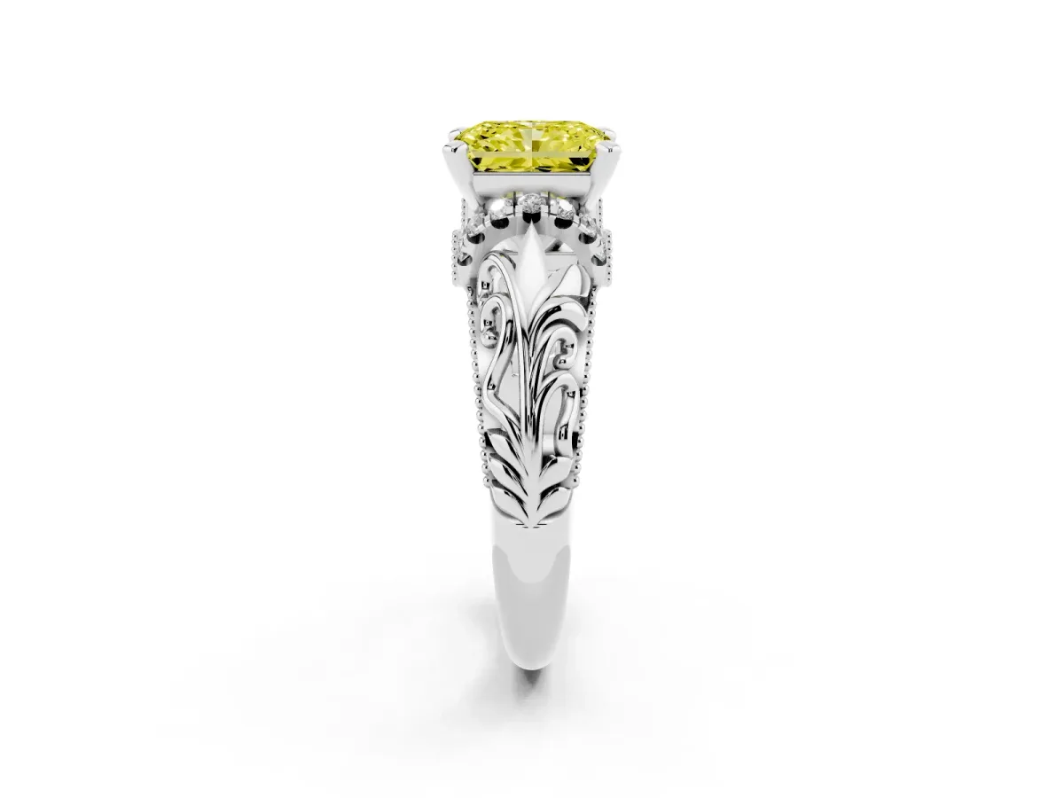 Fancy Yellow Radiant Cut Solitaire Filigree Engagement Ring with Halo and Prong Setting Platinum