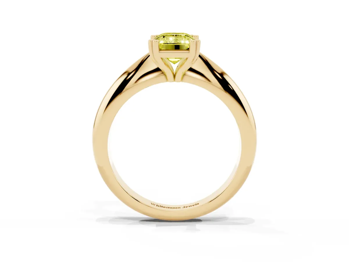 Fancy Yellow Emerald Cut Cut Solitaire Engagement Ring with Tapered Band and Four-Prong Setting Yellow gold
