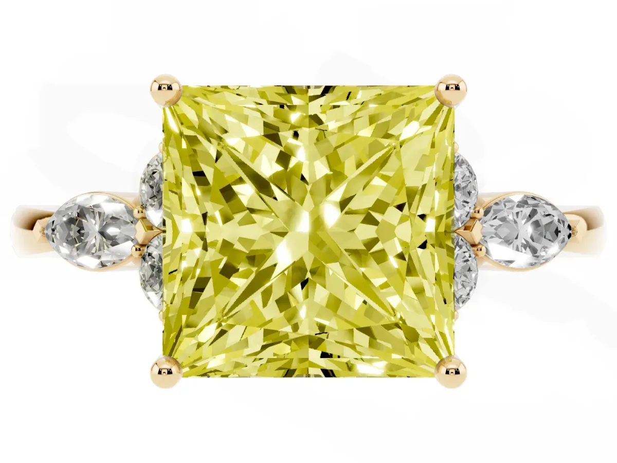 Fancy Yellow Princess Cut Brilliant Diamond Solitaire Ring with Pear Side Stones and Four-Prong Setting Yellow gold