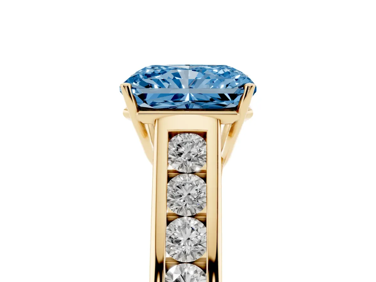 Fancy Blue Radiant Cut Brilliant Channel-Set Solitaire Ring with Four-Prong Setting Yellow gold