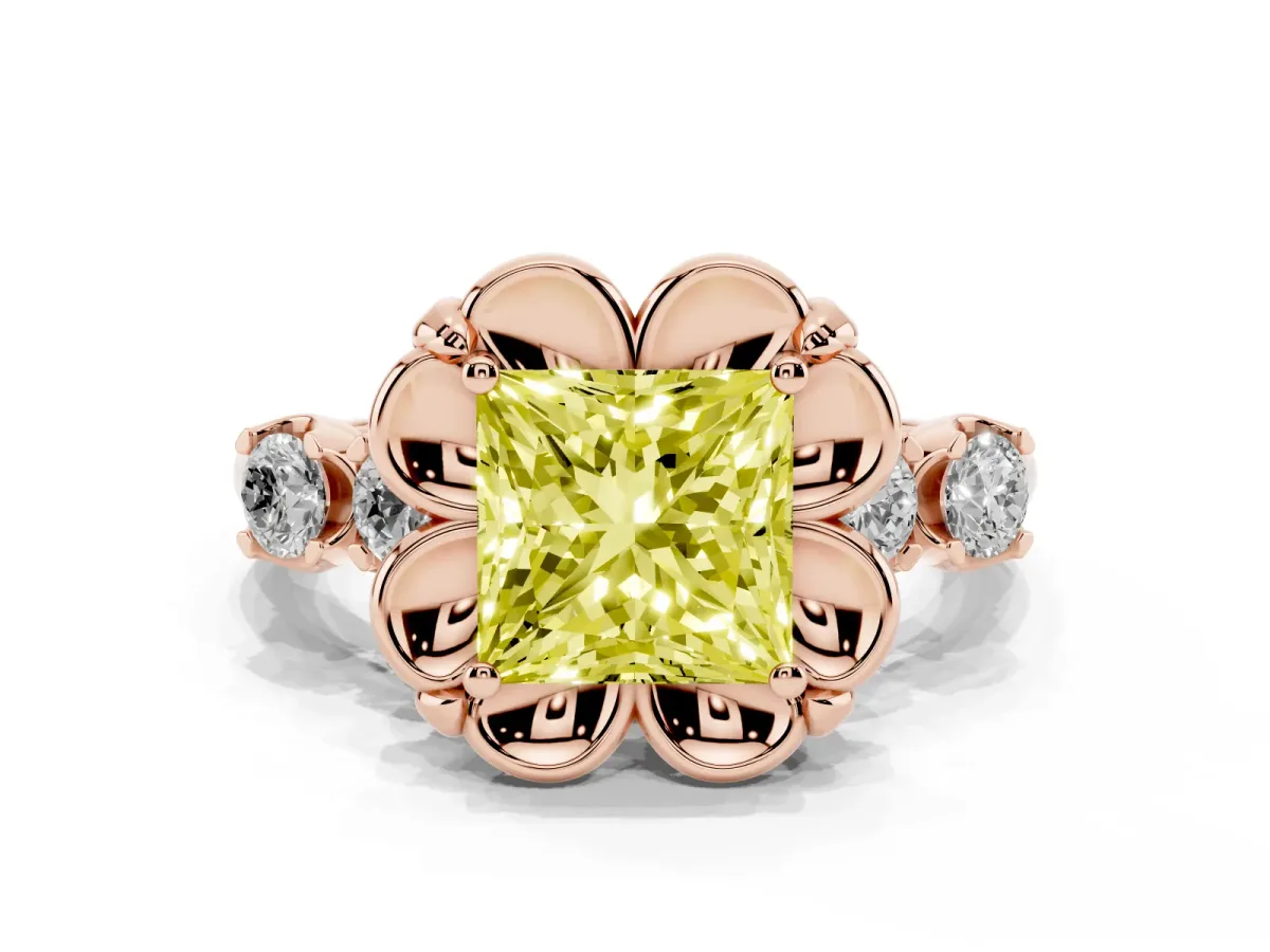 Fancy Yellow Princess Cut Cut Diamond Floral Halo Engagement Ring with Shared Prong Setting Rose gold