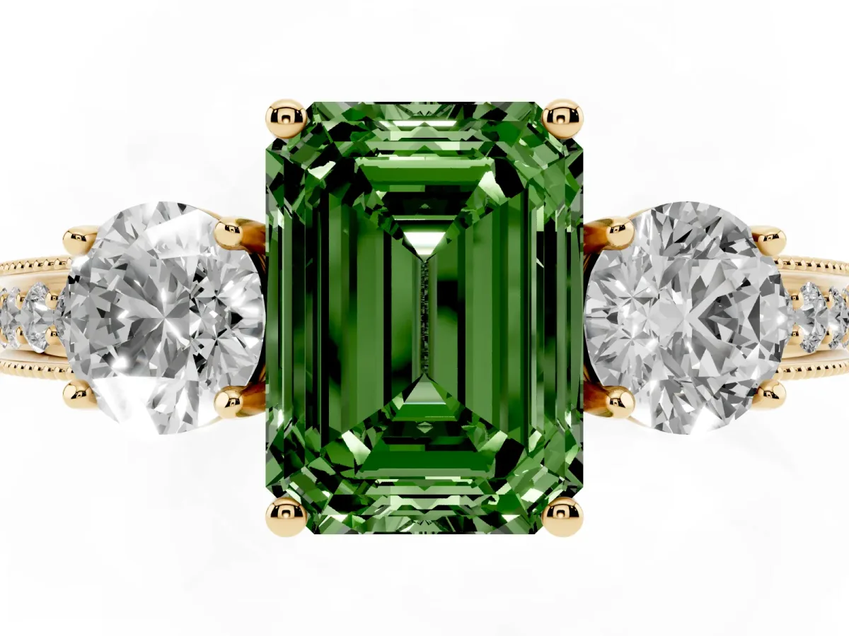 Fancy Green Emerald Cut Three-Stone Diamond Ring with Pavé Band and Four-Prong Setting Yellow gold