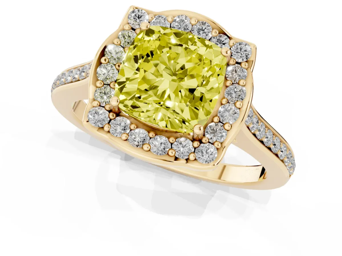 Fancy Yellow Cushion Cut Halo Round Diamond Pave Band with Four-Prong Setting Yellow gold
