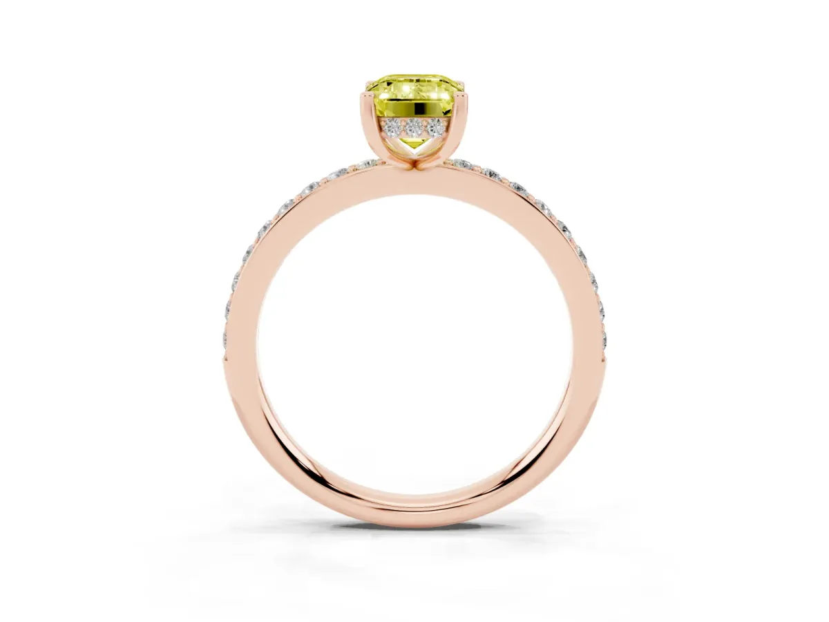 Fancy Yellow Emerald Cut Cut Diamond Pavé Band Ring with Four-Prong Setting Rose gold