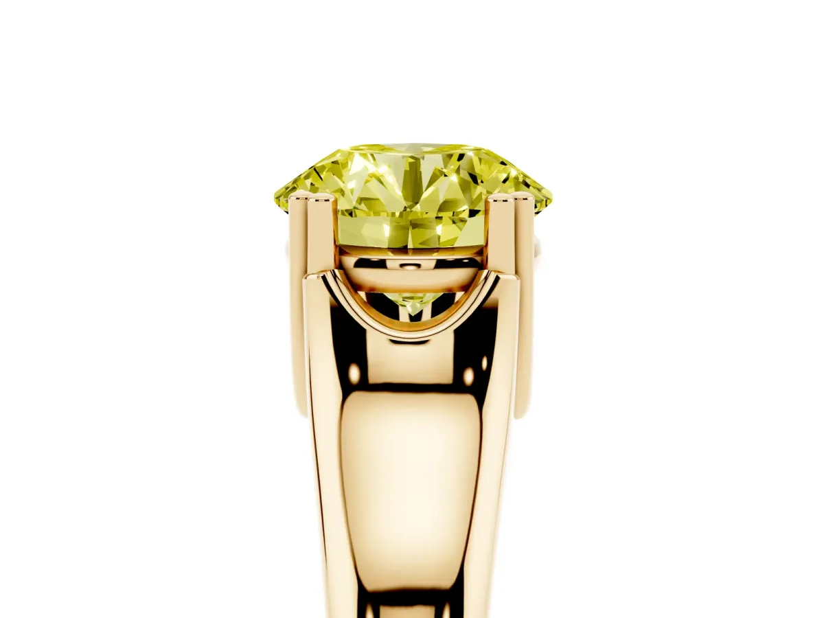 Fancy Yellow Round Cut Diamond Solitaire Ring with Wide Band and Prong Setting Yellow gold