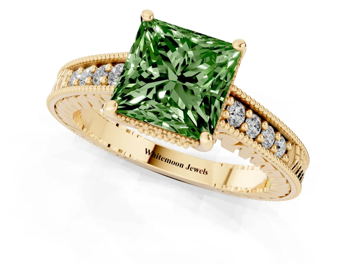 Fancy Green Princess Cut Solitaire Pavé Diamond Milgrain Engagement Ring with Four-Prong Setting Yellow gold