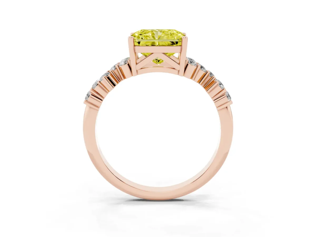 Fancy Yellow Radiant Cut Diamond Scattered Round Accent Ring with Prong Setting Rose gold