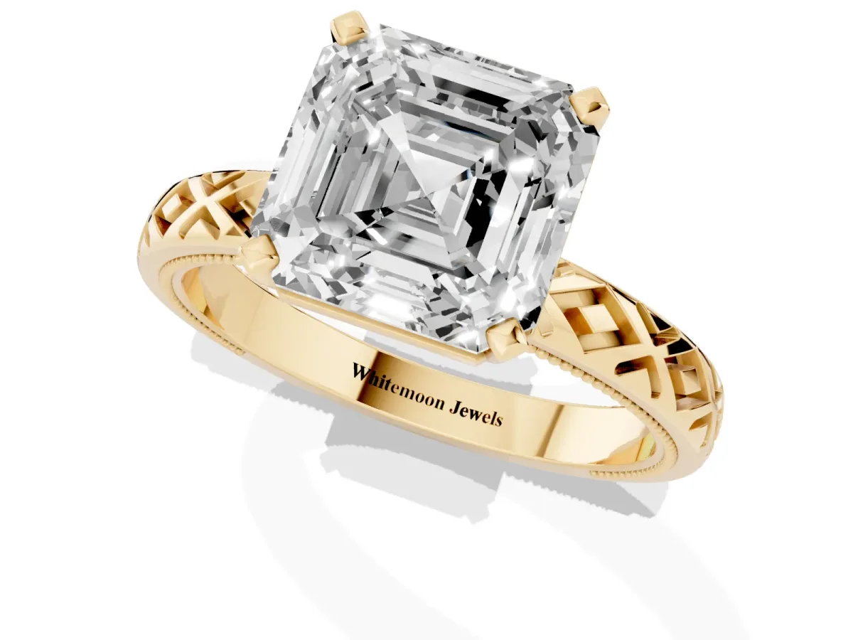 Asscher Cut Solitaire Diamond Ring with Milgrain and Black Enamel X Pattern Band Yellow gold