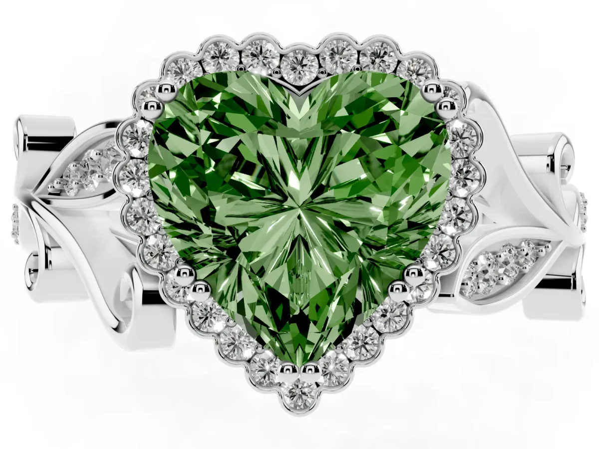 Fancy Green Heart Cut Diamond Halo Ring with Vintage Split Shank and Four-Prong Setting Silver
