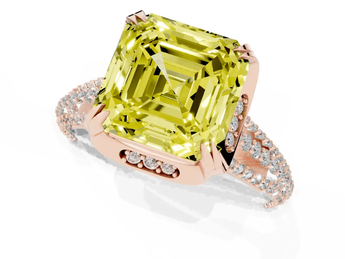 Fancy Yellow Asscher Cut Solitaire Pave Split Shank Ring with Four-Prong Setting Rose gold