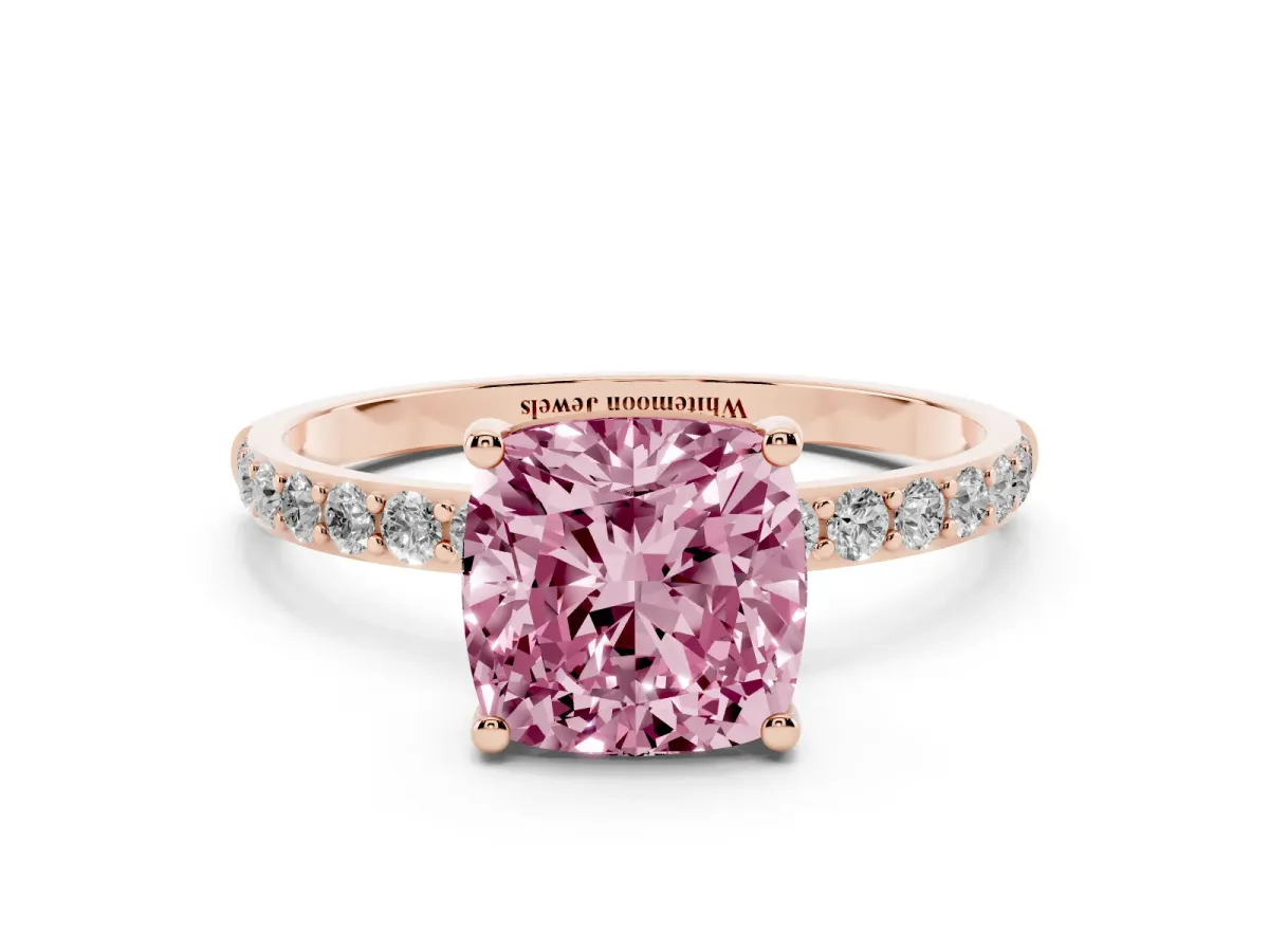 Fancy Pink Cushion Cut Diamond Solitaire Ring with Round Pavé Shoulders and Prong Setting Rose gold