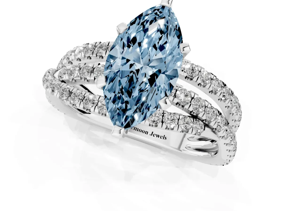 Fancy Blue Marquise Cut Solitaire Twist Band with Pavé Setting and Four-Prong Setting Silver